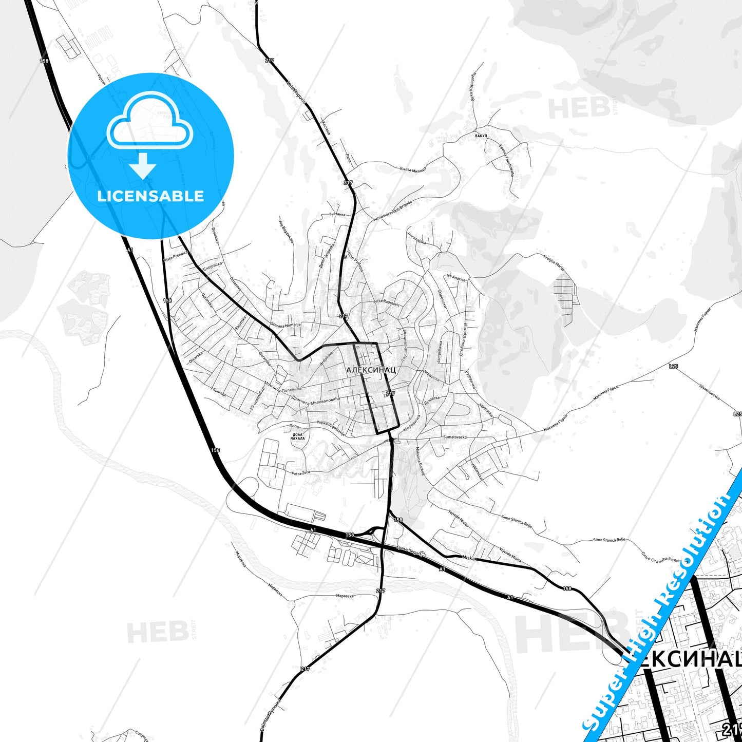 Aleksinac, Serbia Light Map with Street Names, City Names, and Districts