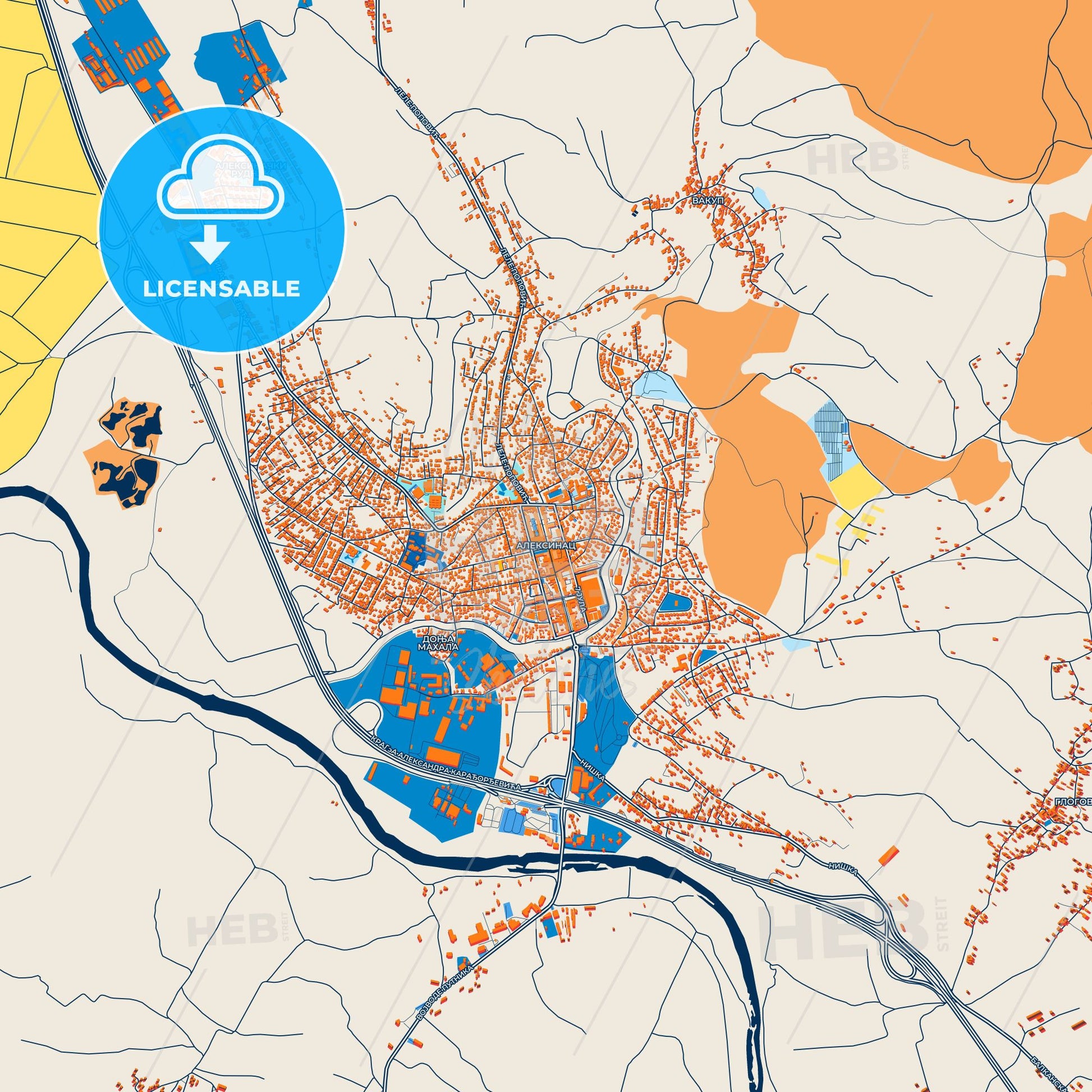 Colorful Aleksinac Street Map with Labels and Buildings