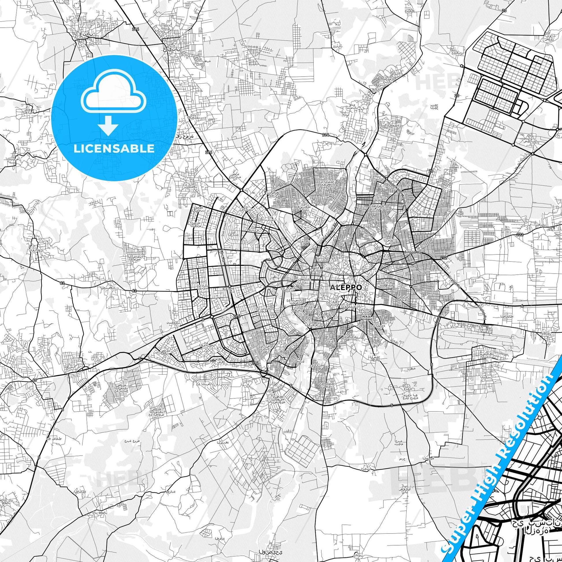 Aleppo, Syria light map with streetnames, citynames and districts