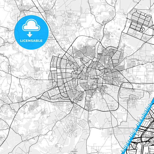 Aleppo, Syria light map with streetnames, citynames and districts