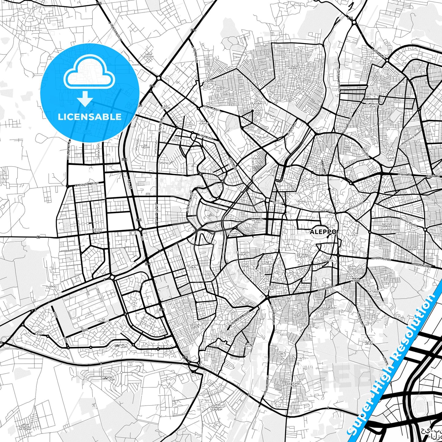 Aleppo, Syria Light Map with Street Names, City Names, and Districts