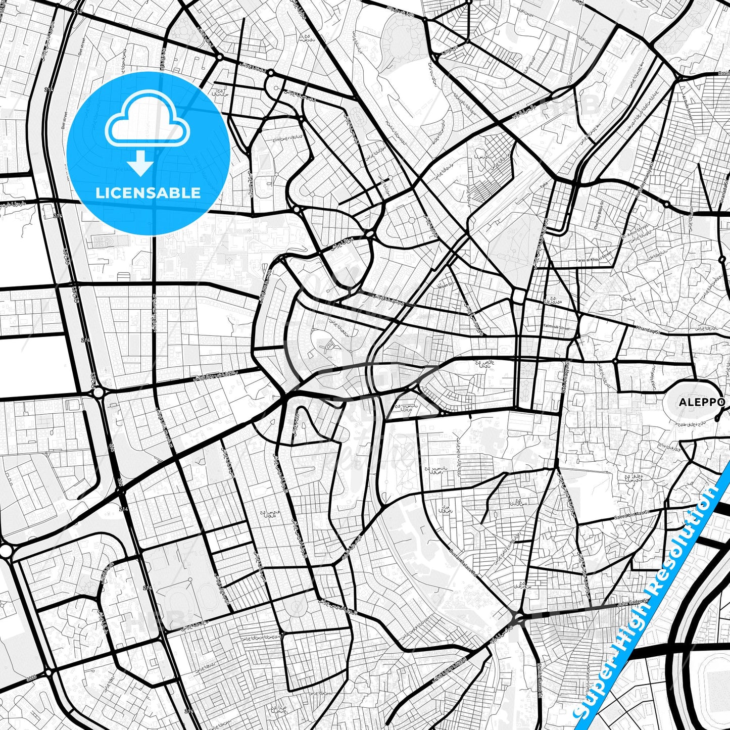 Aleppo, Syria Light Map with Street Names, City Names, and Districts