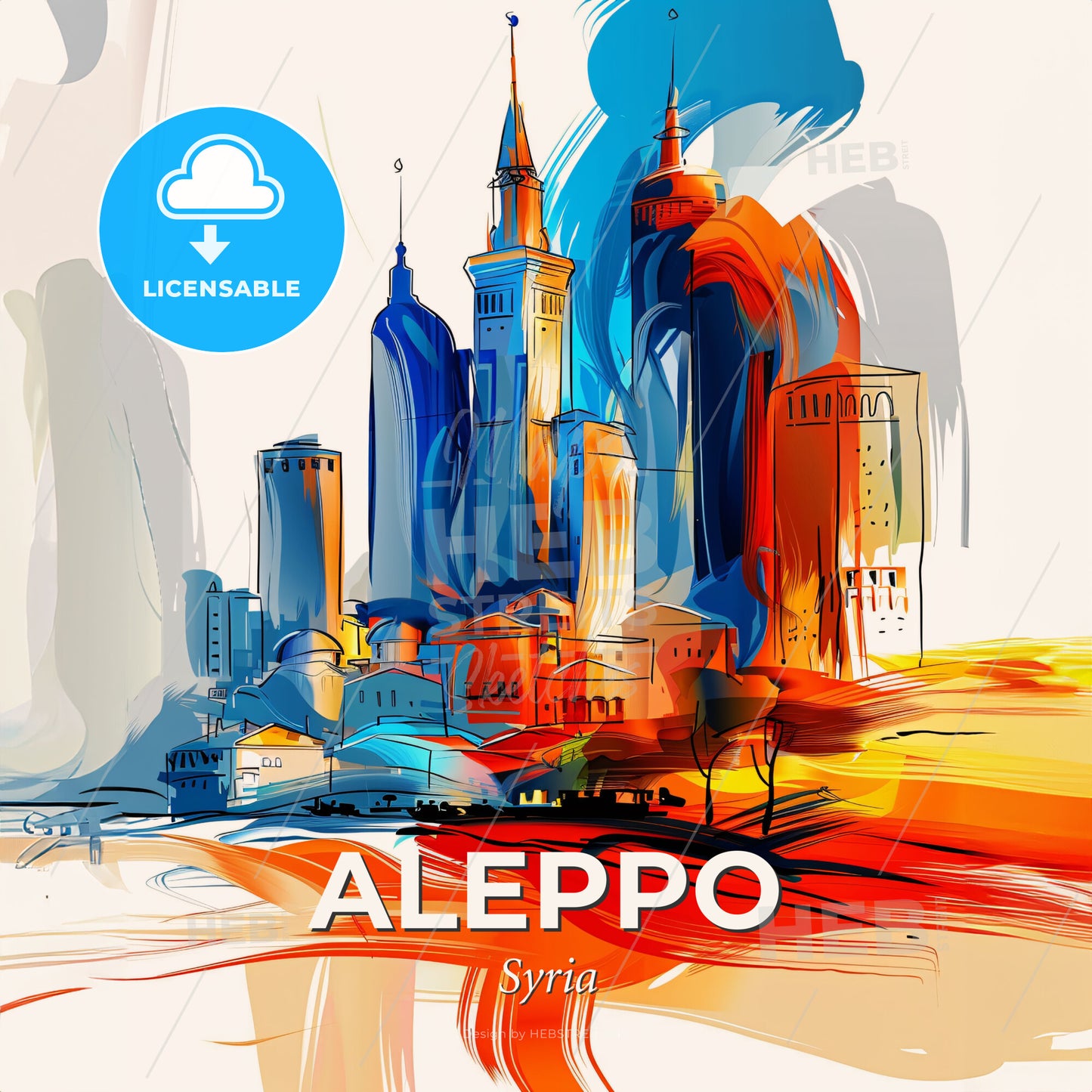 Vibrant Aleppo, Syria - A Colorful Cityscape With Buildings And A Tower - Square format print template