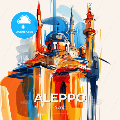 Vibrant Aleppo, Syria - A Painting Of A Building With Towers - Square format print template