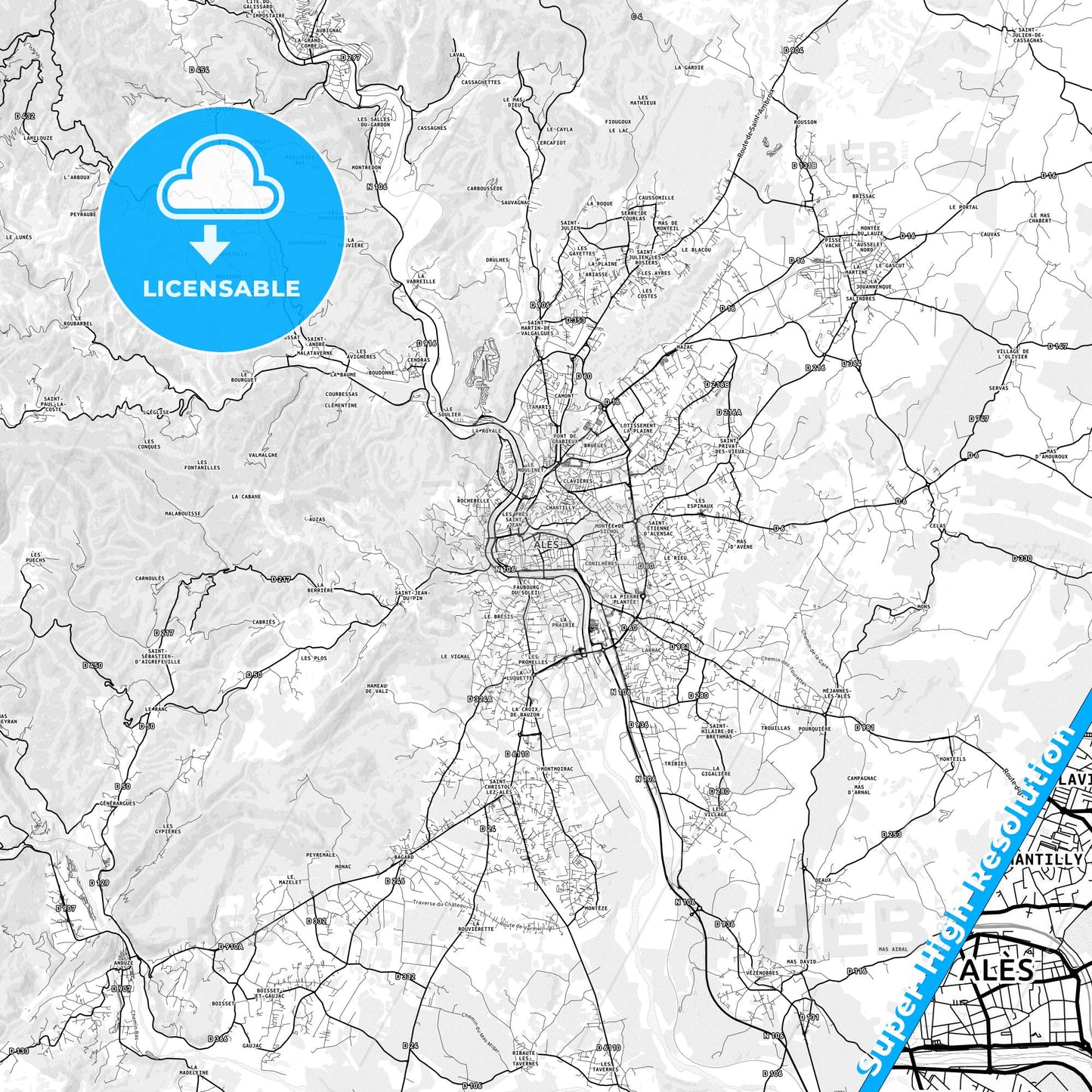 Alès, France light map with streetnames, citynames and districts