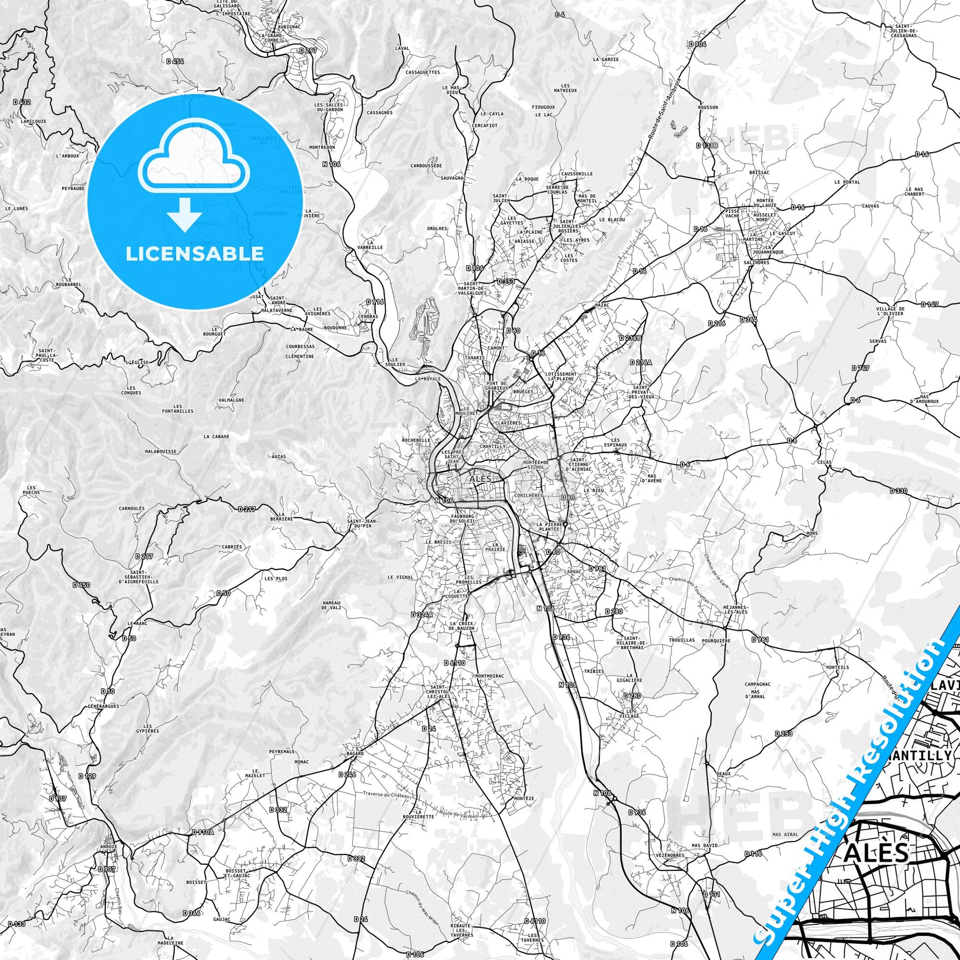 Alès, France light map with streetnames, citynames and districts
