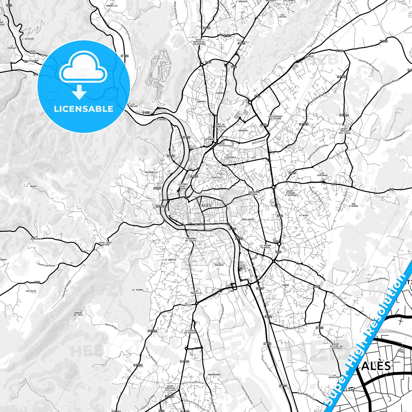 Alès, France Light Map with Street Names, City Names, and Districts