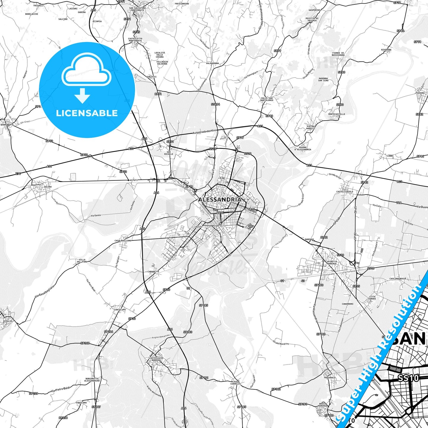 Alessandria, Italy light map with streetnames, citynames and districts