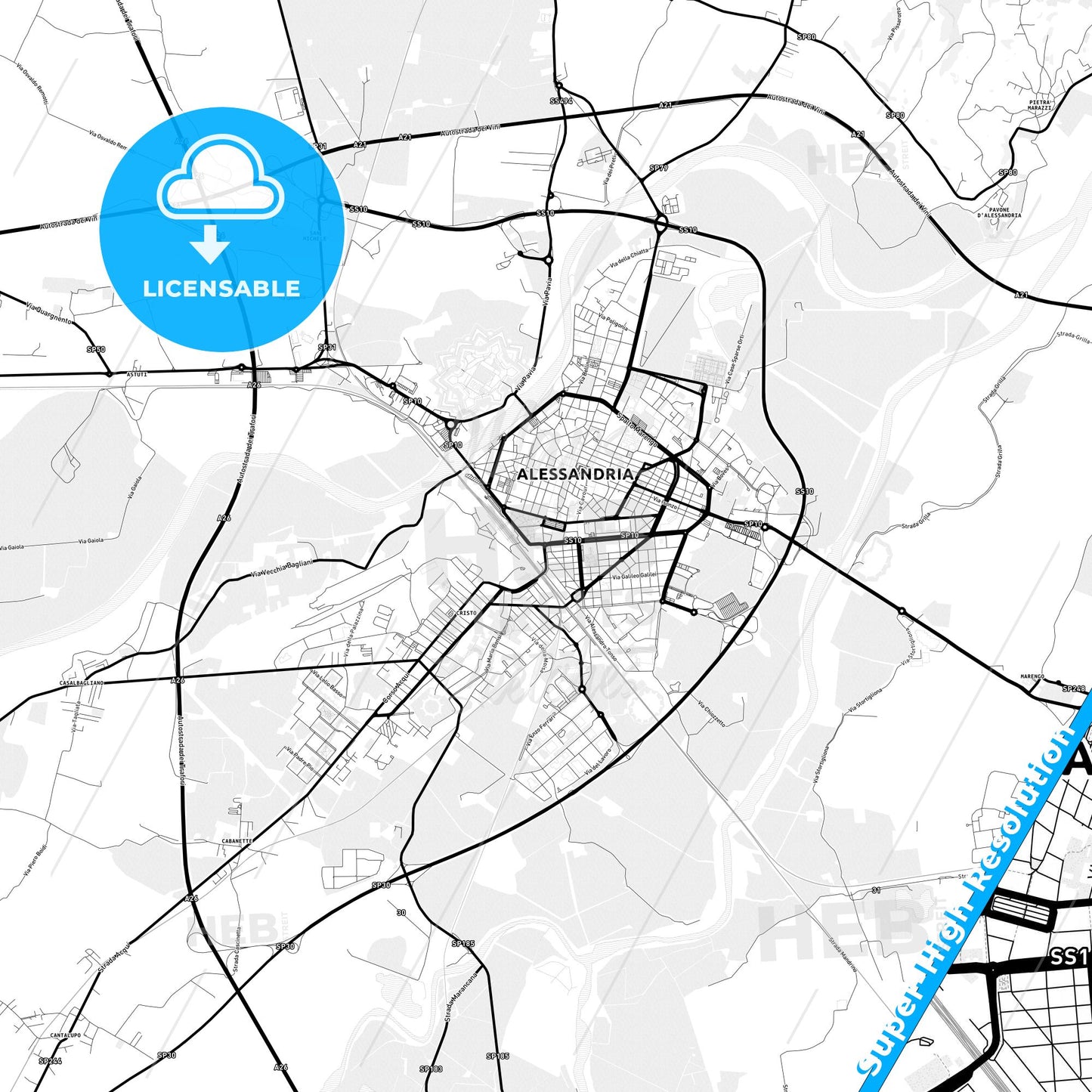 Alessandria, Italy Light Map with Street Names, City Names, and Districts