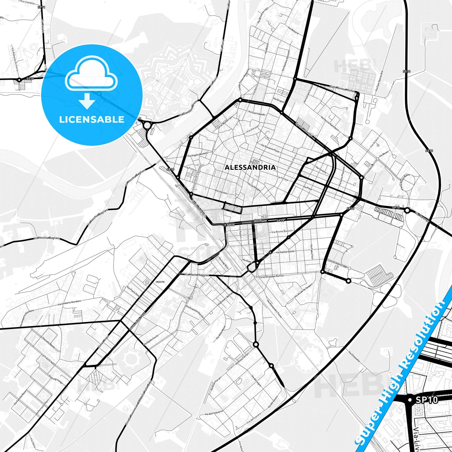 Alessandria, Italy Light Map with Street Names, City Names, and Districts