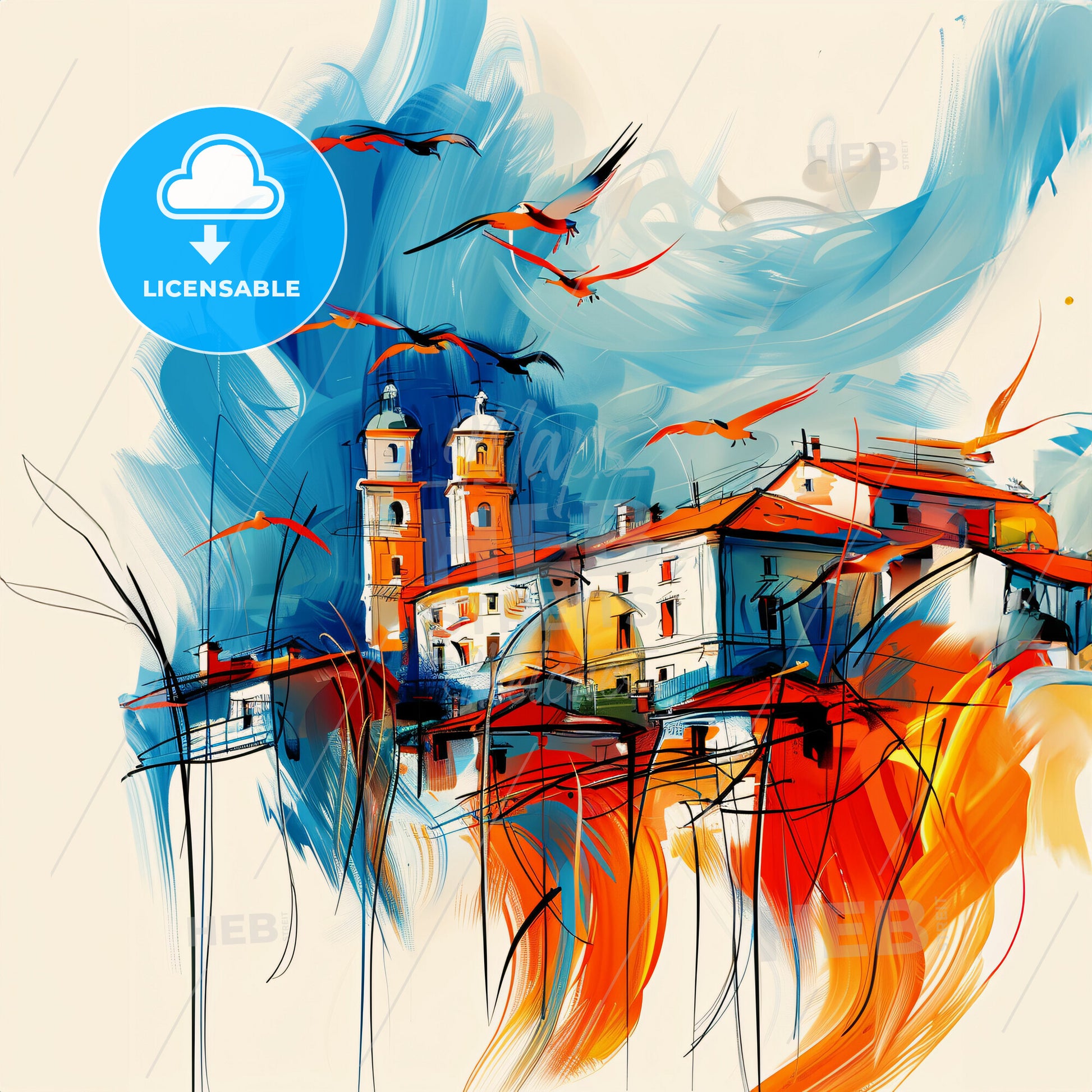 Vibrant Alessandria, Italy - A Painting Of A Building With Birds Flying In The Sky