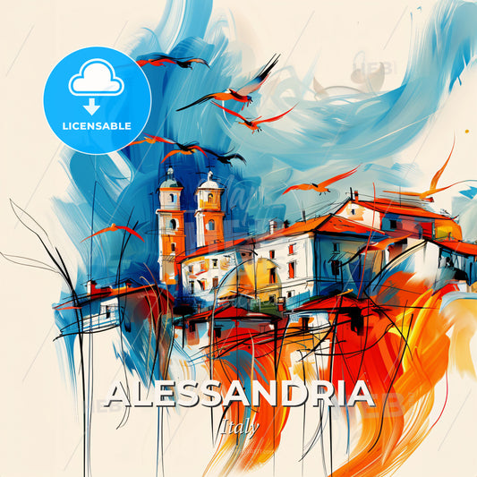 Vibrant Alessandria, Italy - A Painting Of A Building With Birds Flying In The Sky - Square format print template