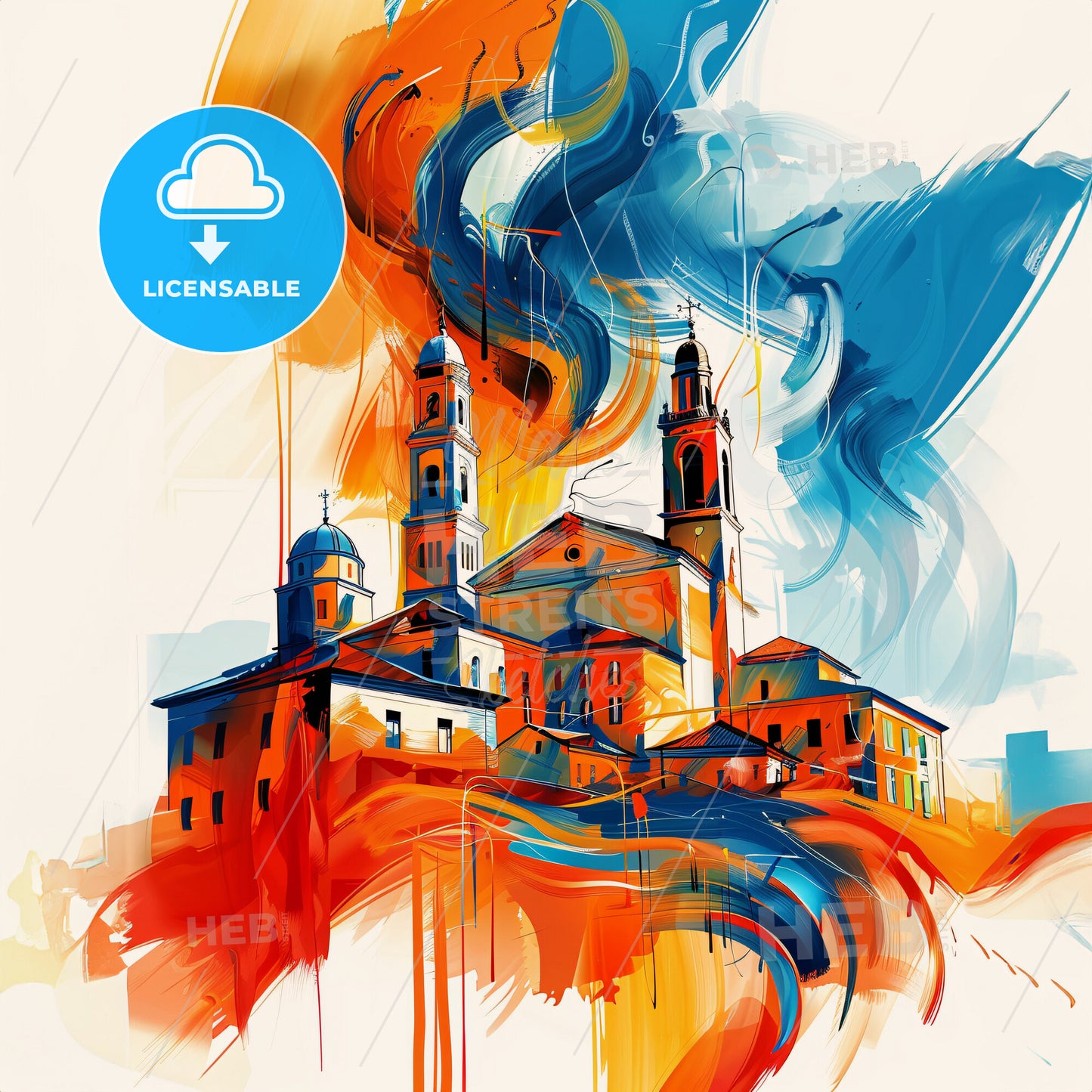 Vibrant Alessandria, Italy - A Painting Of A Building With Towers And A Blue And Orange Smoke