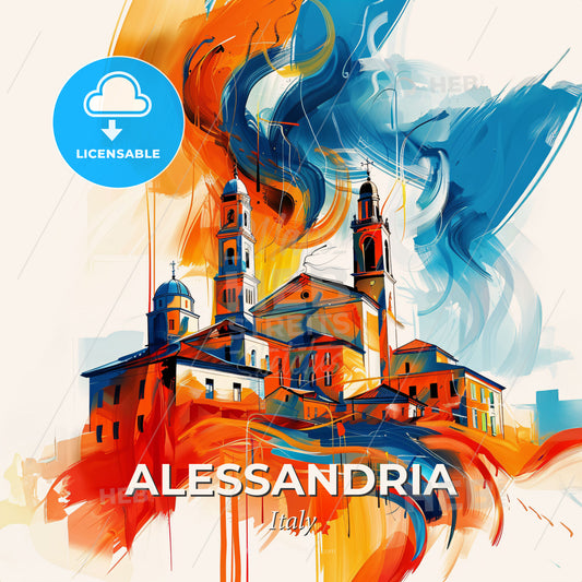 Vibrant Alessandria, Italy - A Painting Of A Building With Towers And A Blue And Orange Smoke - Square format print template