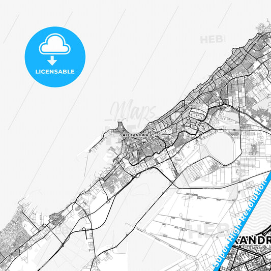 Alexandria, Egypt light map with streetnames, citynames and districts