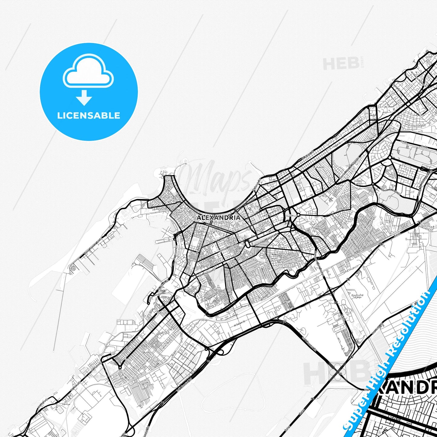 Alexandria, Egypt Light Map with Street Names, City Names, and Districts