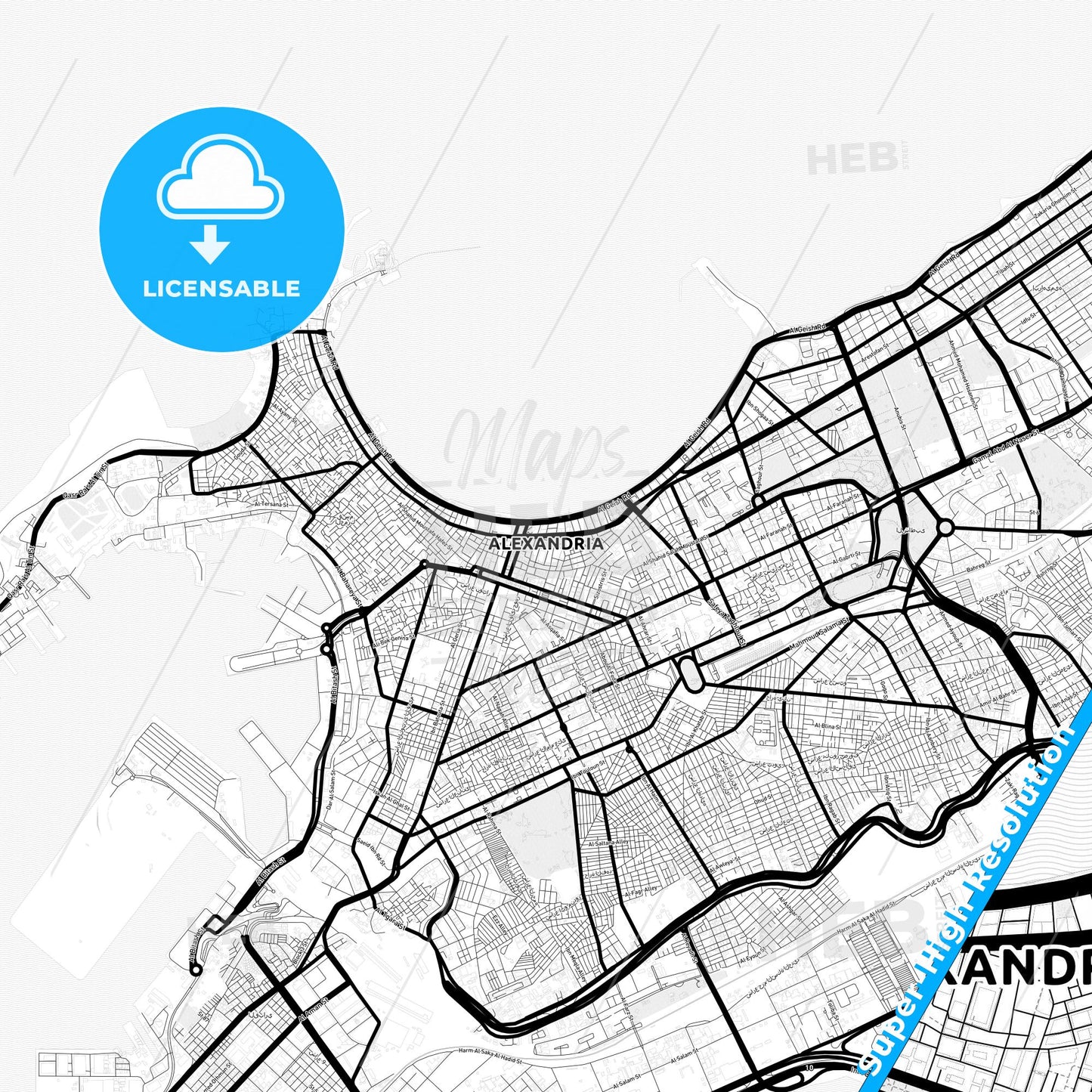 Alexandria, Egypt Light Map with Street Names, City Names, and Districts