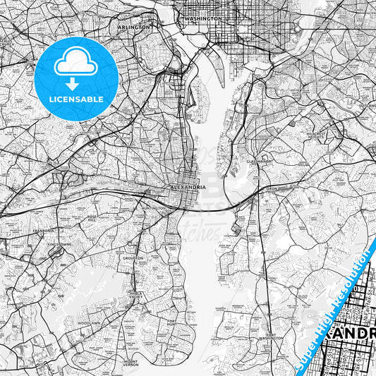 Alexandria, Virginia light map with streetnames, citynames and districts