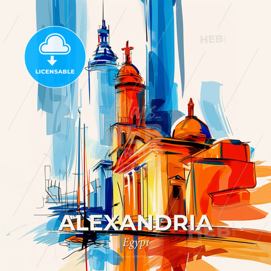 Vibrant Alexandria, Egypt - A Painting Of A Building With Towers And A Sailboat - Square format print template