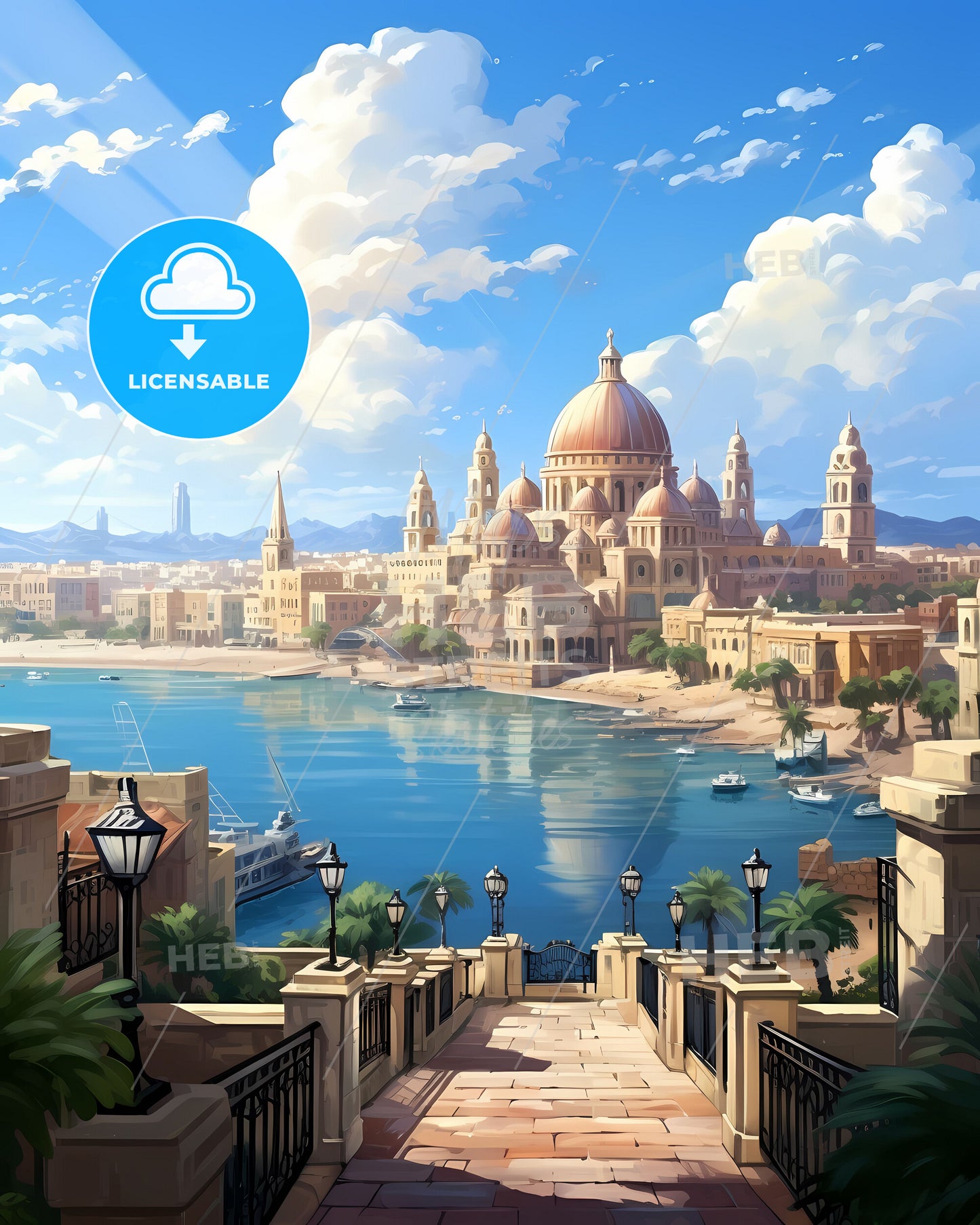 Cityscape Painting: Vibrant Alexandria Skyline with Nile River Bridge