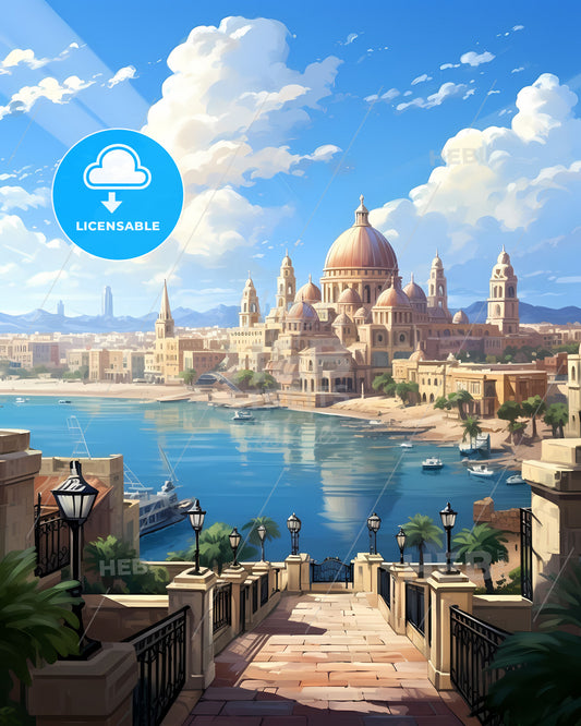 Cityscape Painting: Vibrant Alexandria Skyline with Nile River Bridge