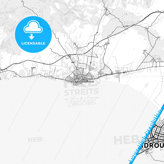 Alexandroupoli, Greece light map with streetnames, citynames and districts