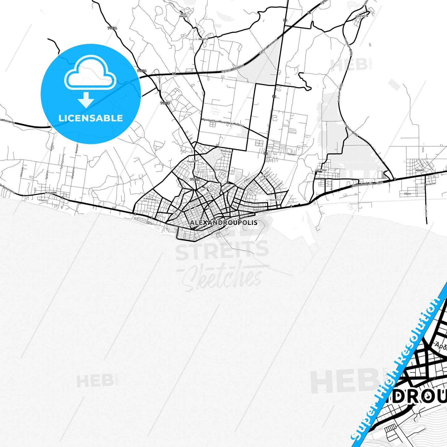 Alexandroupoli, Greece Light Map with Street Names, City Names, and Districts