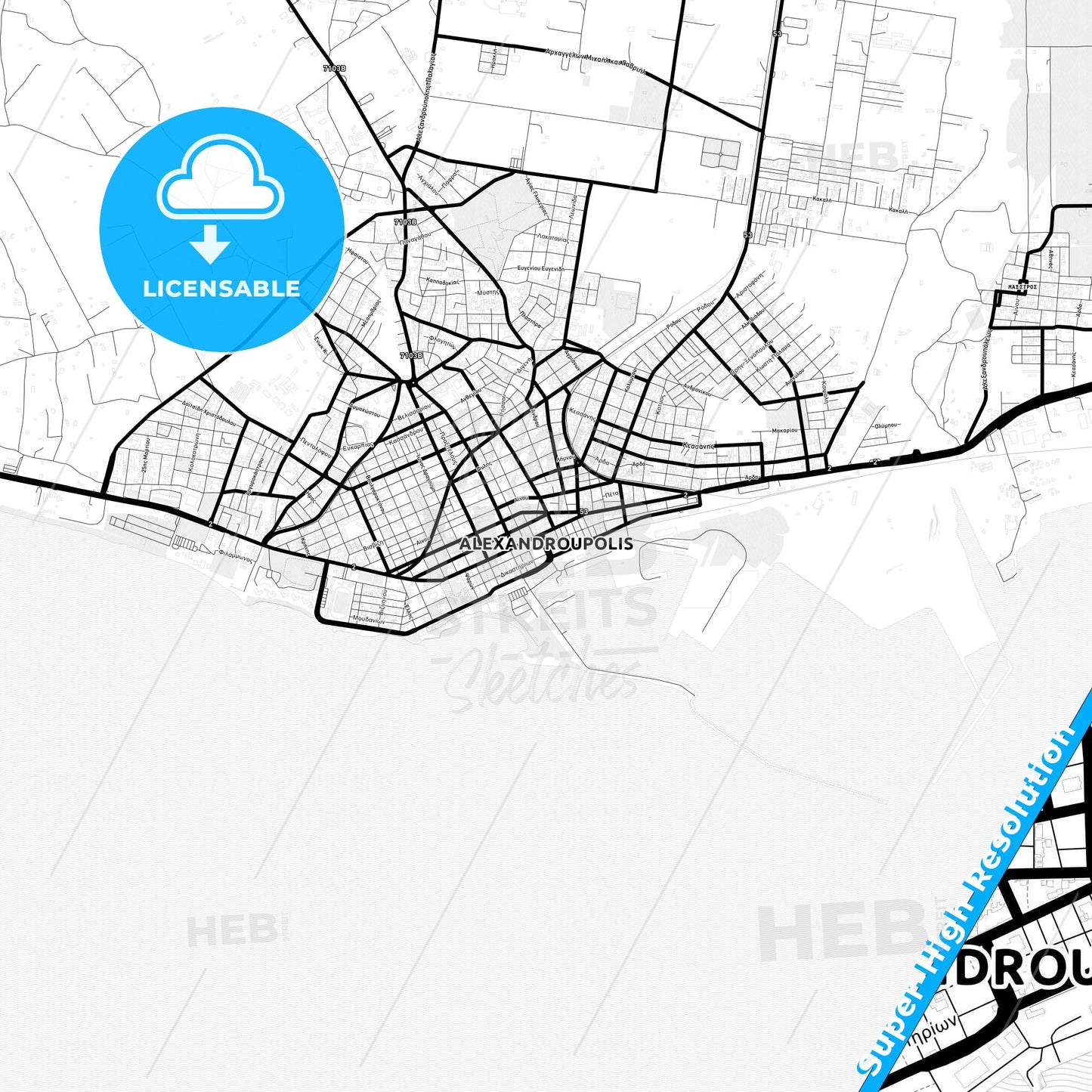 Alexandroupoli, Greece Light Map with Street Names, City Names, and Districts