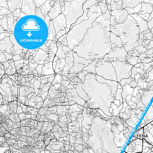 Alfena, Portugal light map with streetnames, citynames and districts