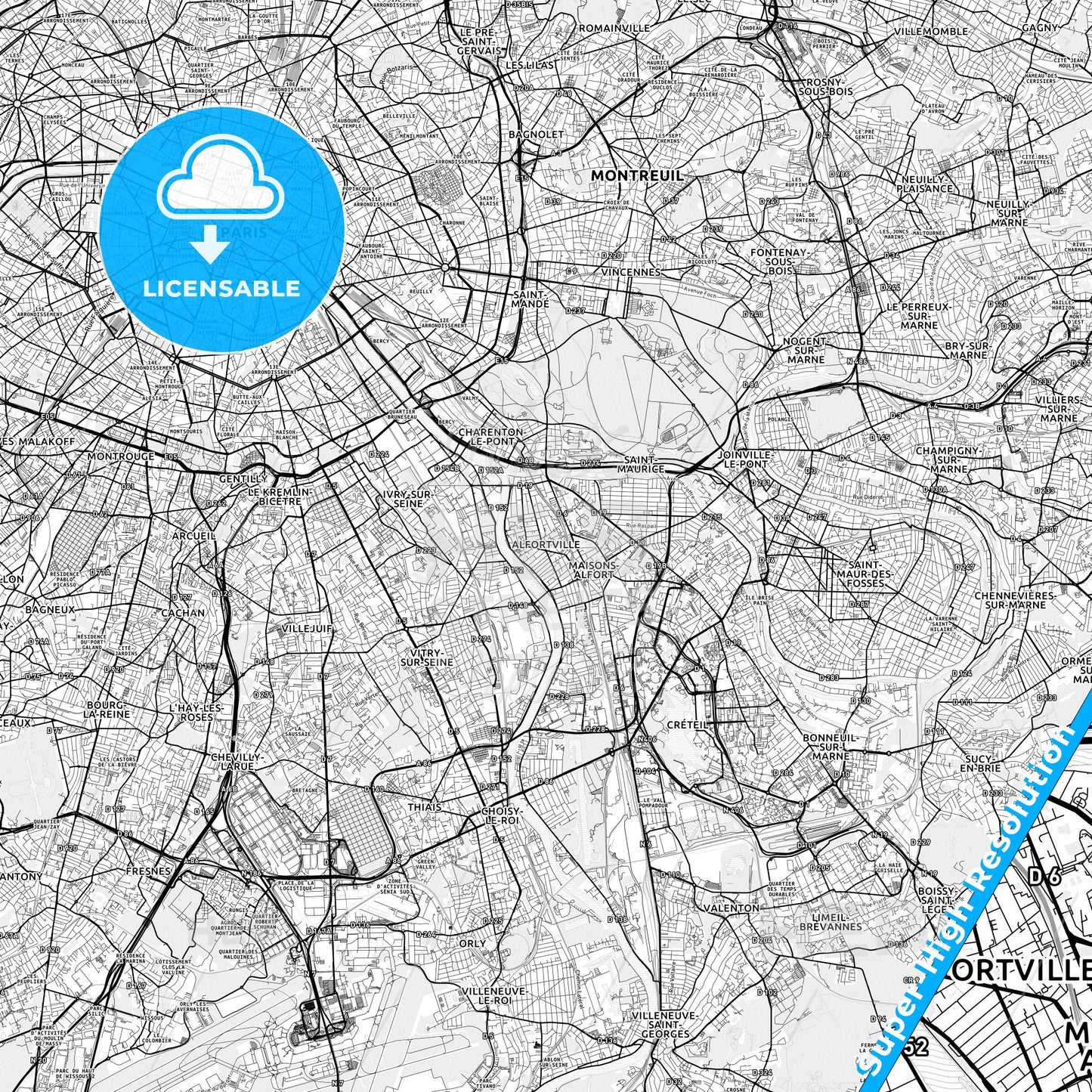 Alfortville, France light map with streetnames, citynames and districts