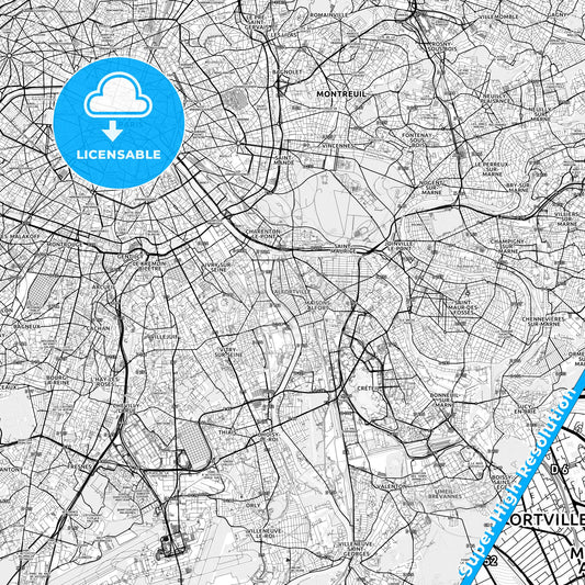 Alfortville, France light map with streetnames, citynames and districts