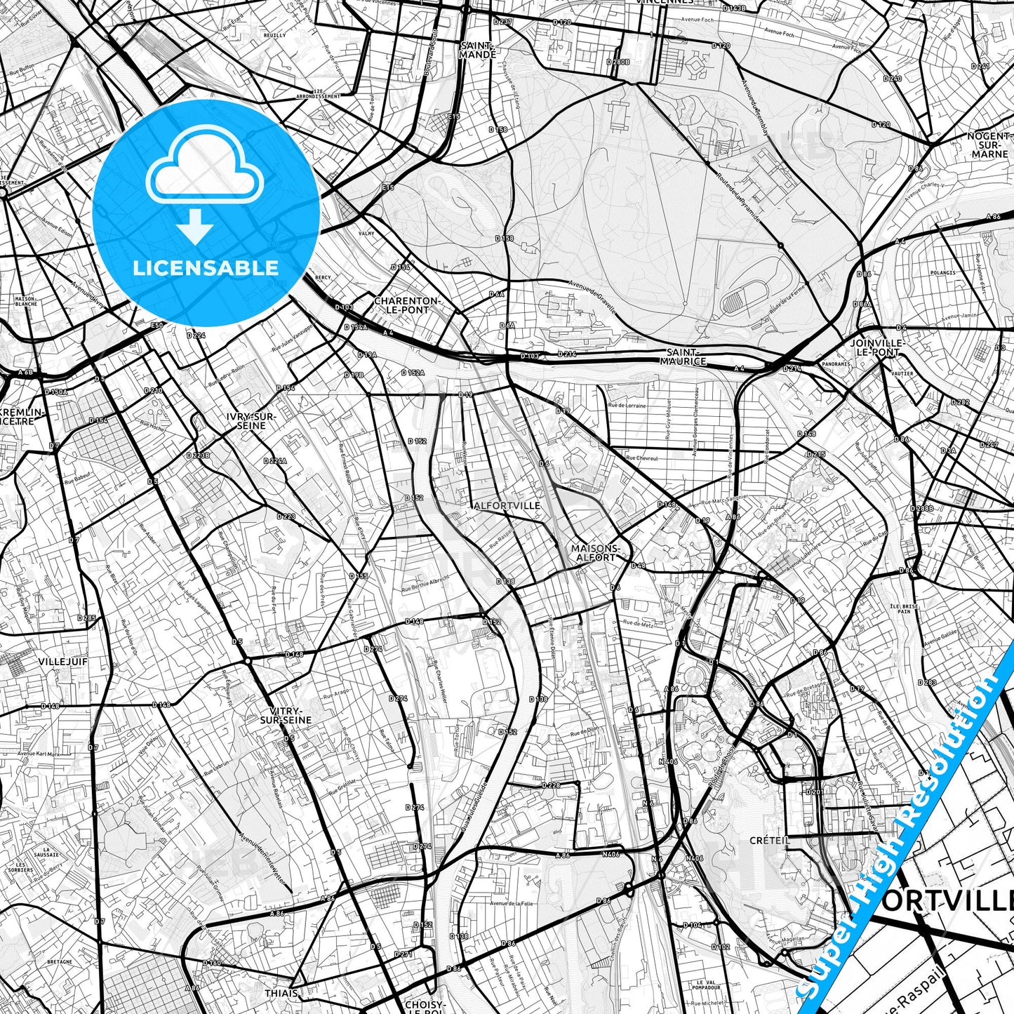 Alfortville, France Light Map with Street Names, City Names, and Districts