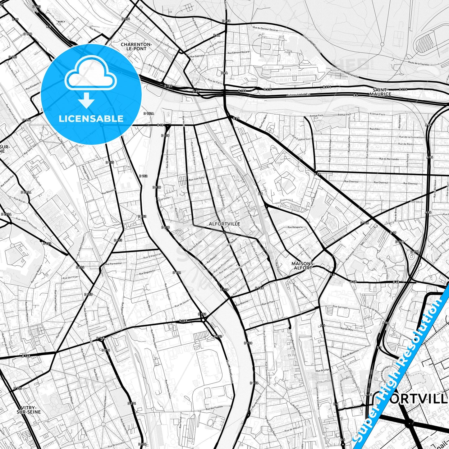 Alfortville, France Light Map with Street Names, City Names, and Districts