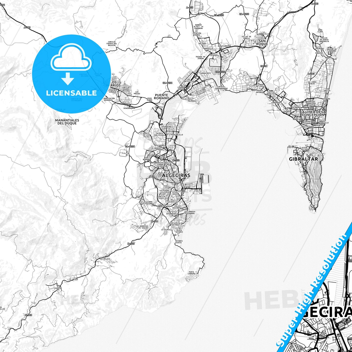 Algeciras, Spain light map with streetnames, citynames and districts