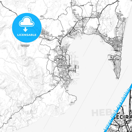 Algeciras, Spain light map with streetnames, citynames and districts