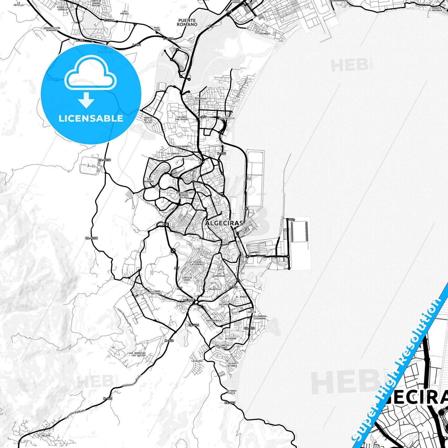 Algeciras, Spain Light Map with Street Names, City Names, and Districts