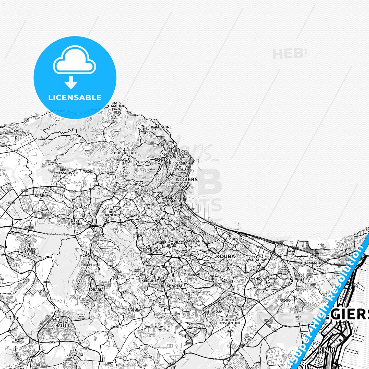 Algiers, Algeria light map with streetnames, citynames and districts