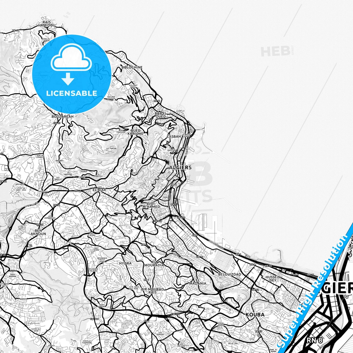 Algiers, Algeria Light Map with Street Names, City Names, and Districts