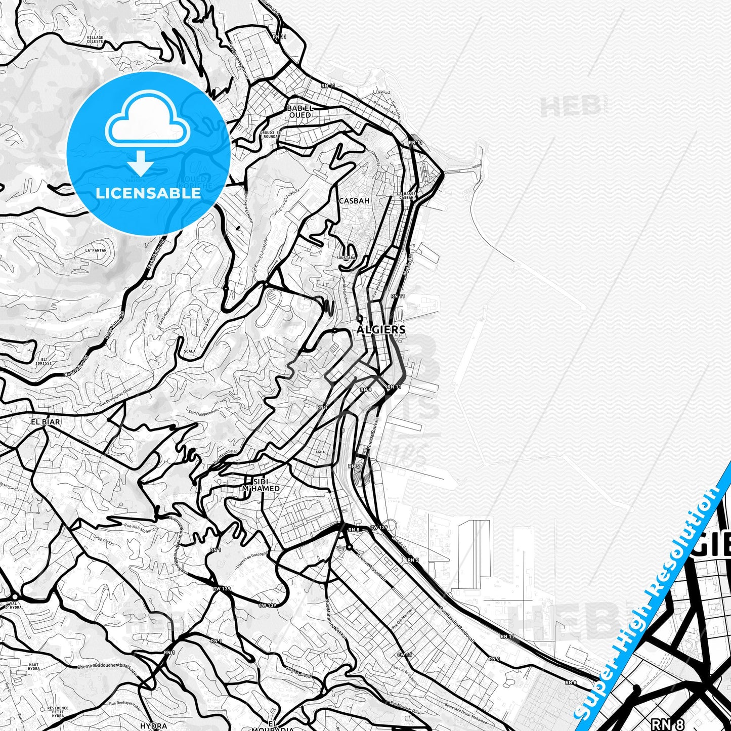 Algiers, Algeria Light Map with Street Names, City Names, and Districts