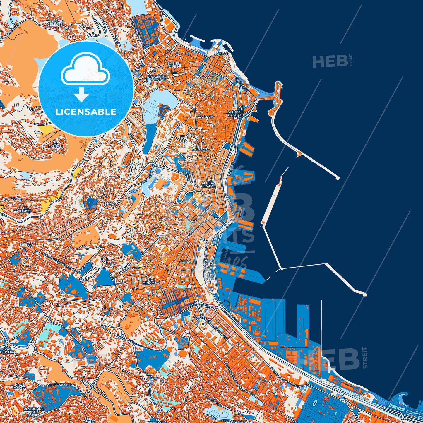 Colorful Algiers Street Map with Labels and Buildings