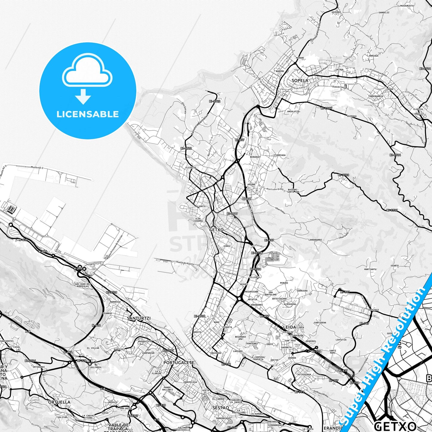 Algorta, Spain Light Map with Street Names, City Names, and Districts