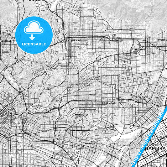 Alhambra, California light map with streetnames, citynames and districts