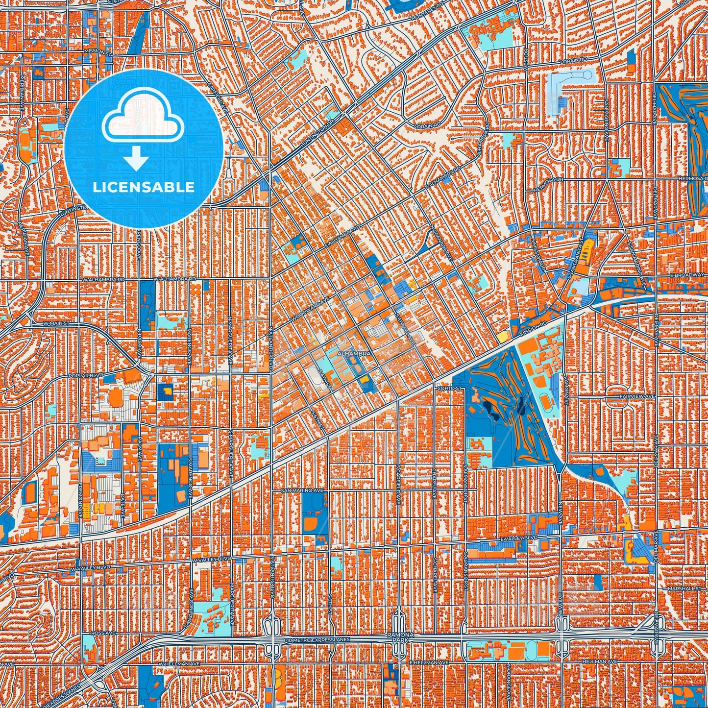 Colorful Alhambra Street Map with Labels and Buildings