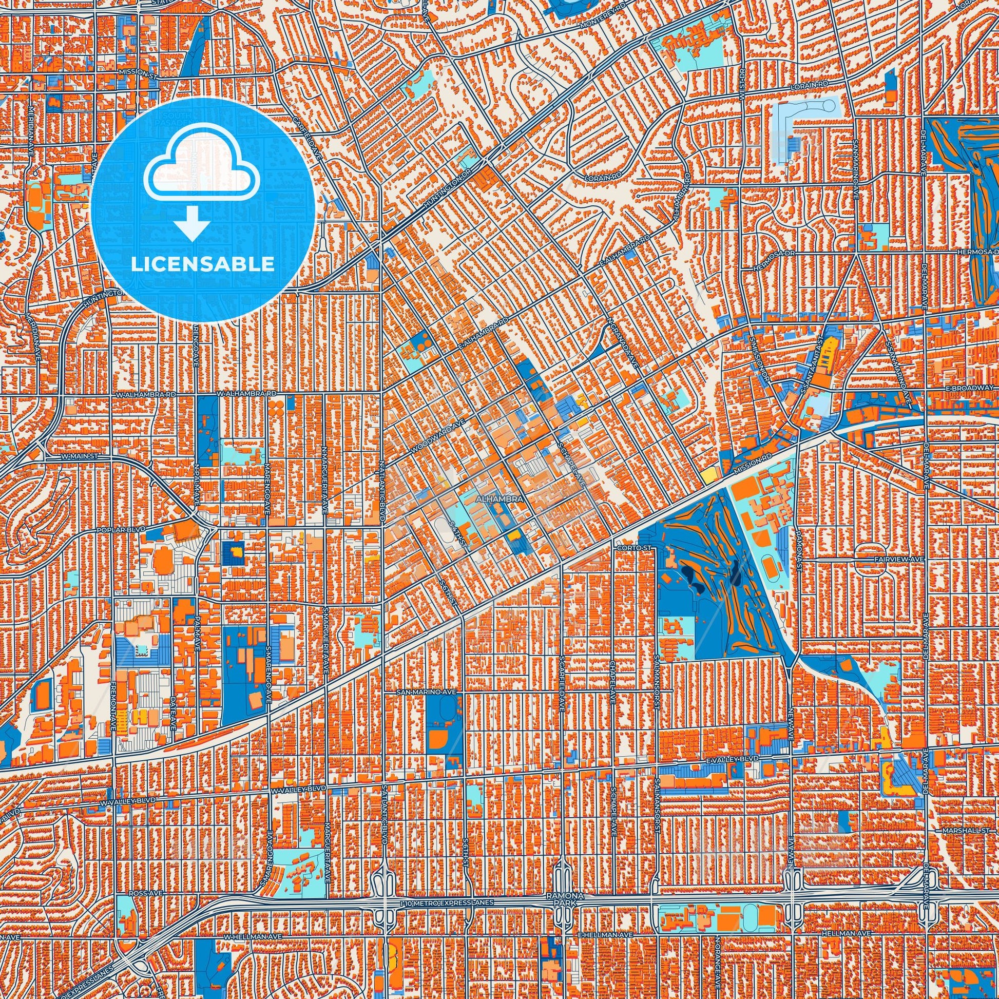 Colorful Alhambra Street Map with Labels and Buildings