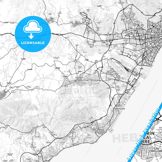 Alhaurín de la Torre, Spain light map with streetnames, citynames and districts