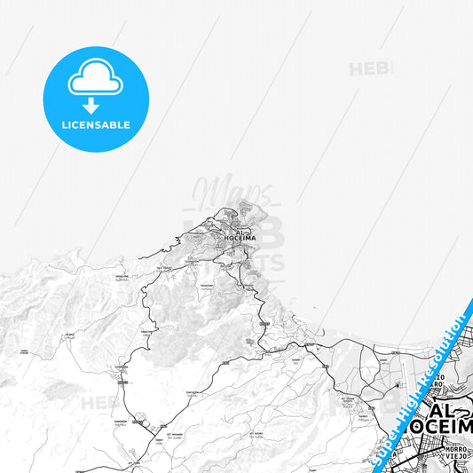 Al Hoceima, Morocco light map with streetnames, citynames and districts