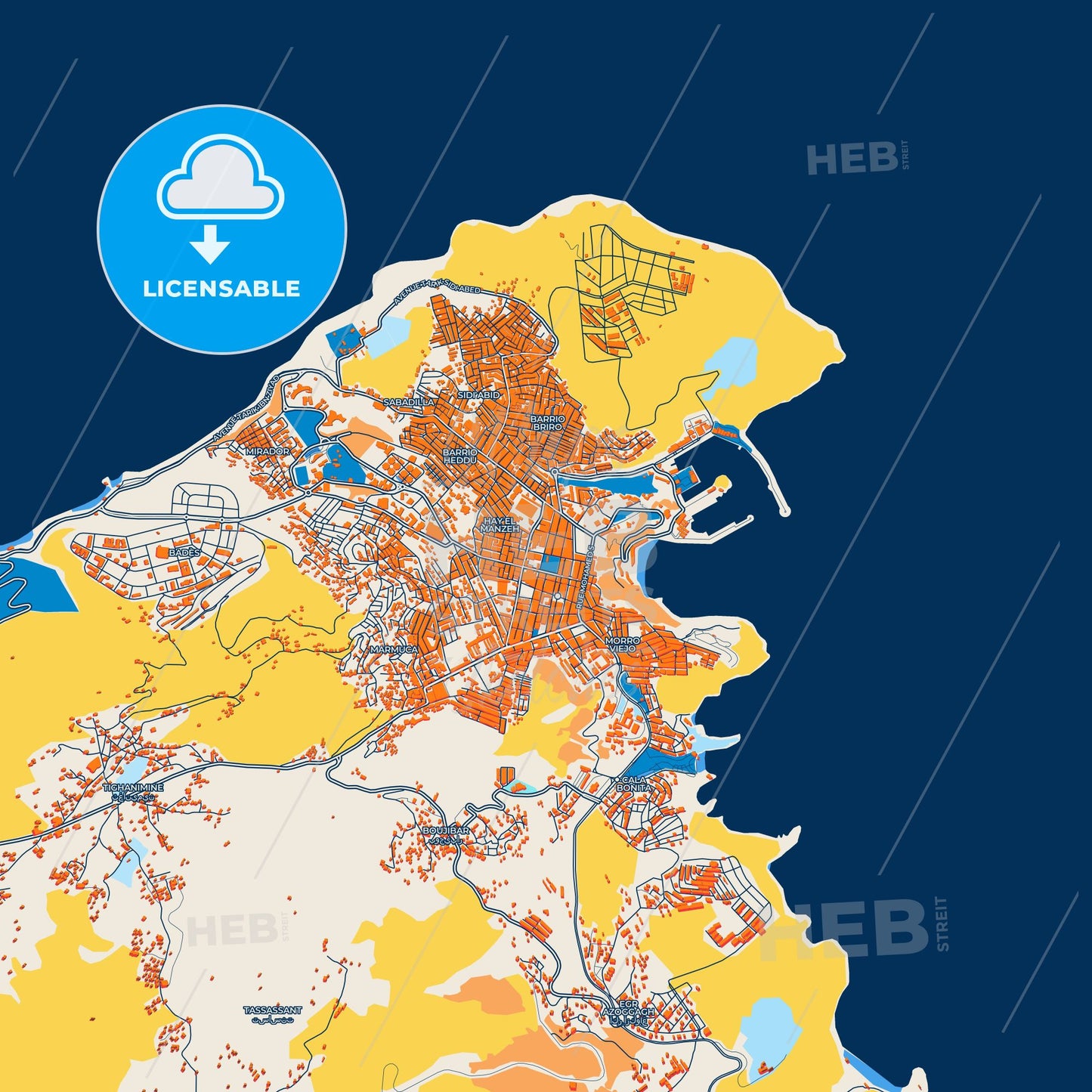 Colorful Al Hoceima Street Map with Labels and Buildings