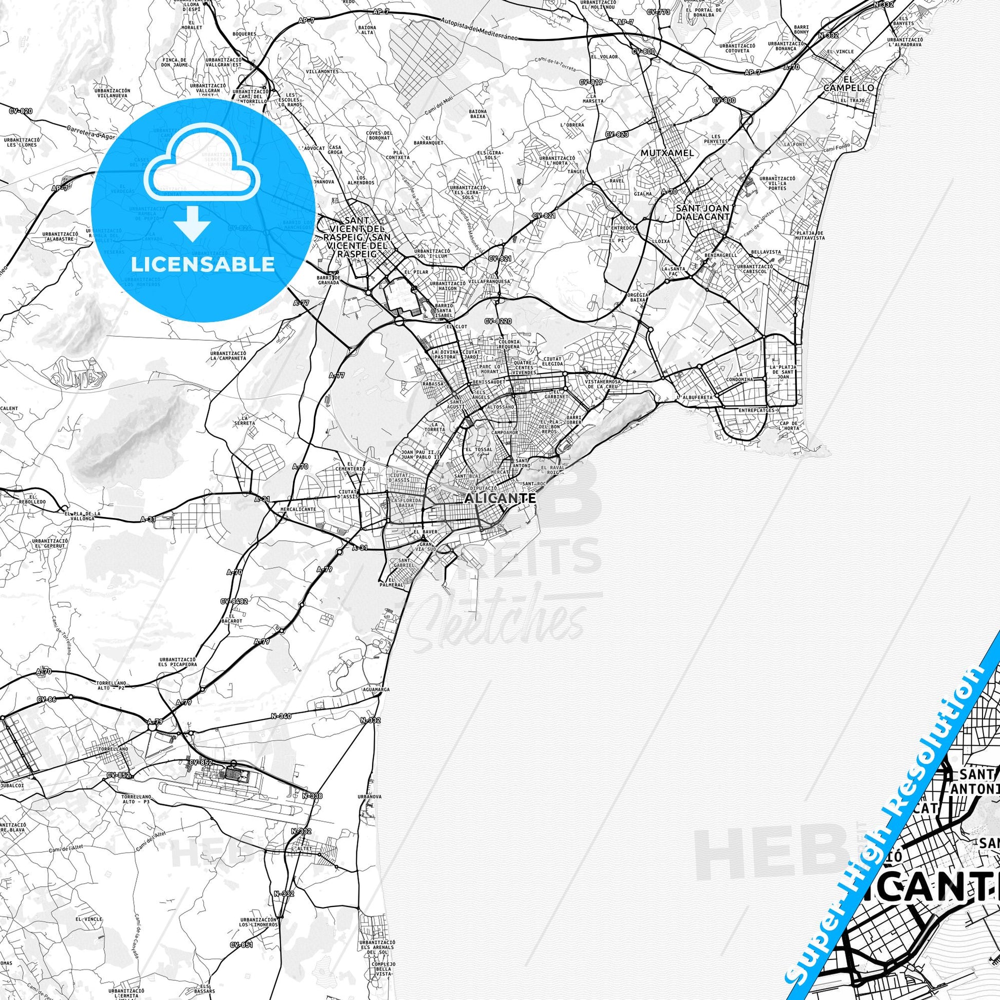 Alicante, Spain light map with streetnames, citynames and districts