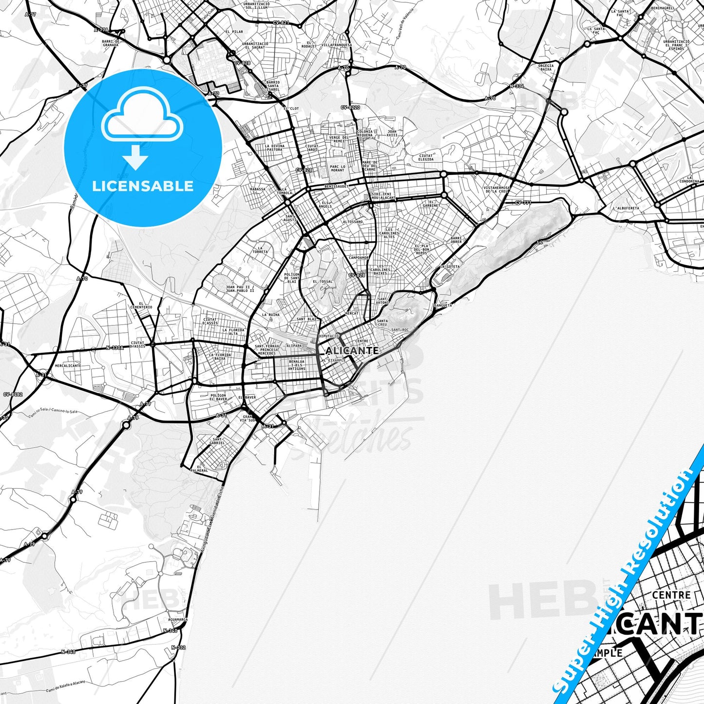 Alicante, Spain Light Map with Street Names, City Names, and Districts