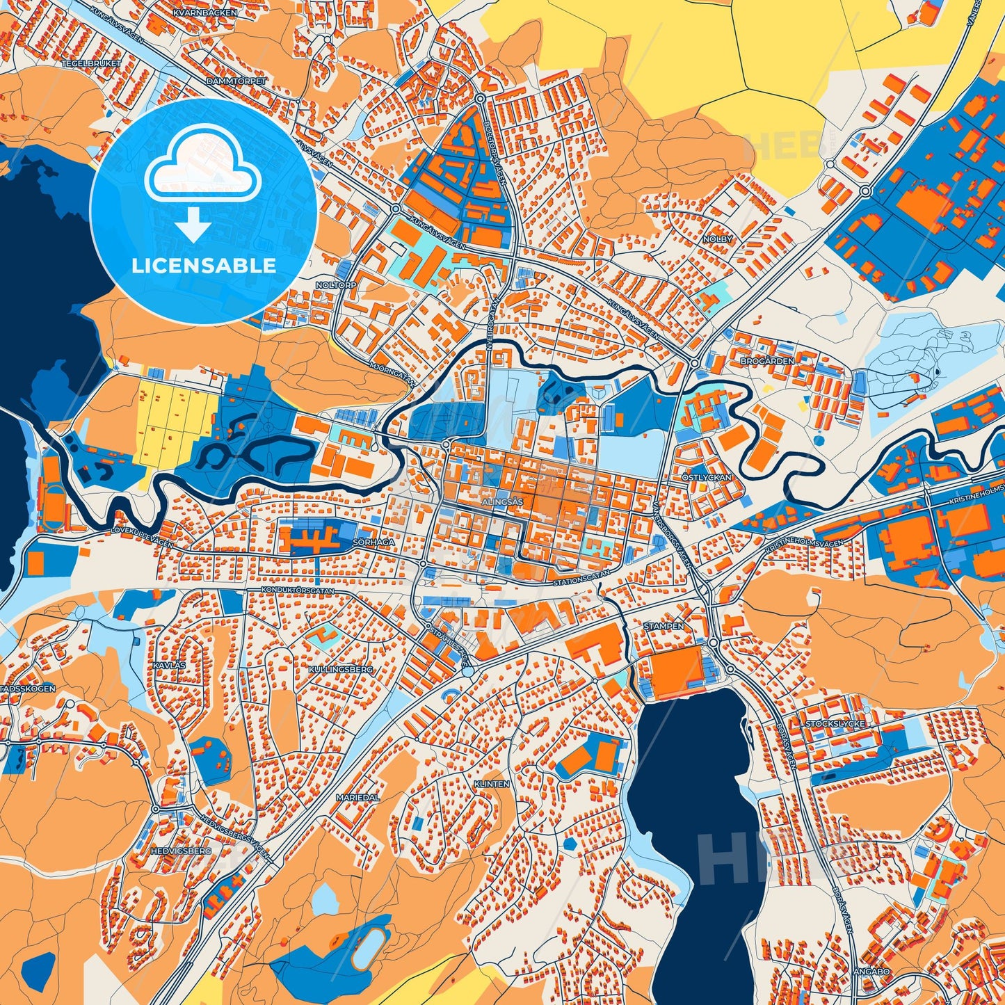 Colorful Alingsås Street Map with Labels and Buildings